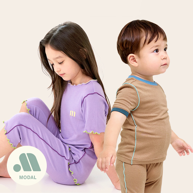 moimoi正品夏季韩版儿童家居服男女宝卡通薄款七分袖休闲婴儿套装