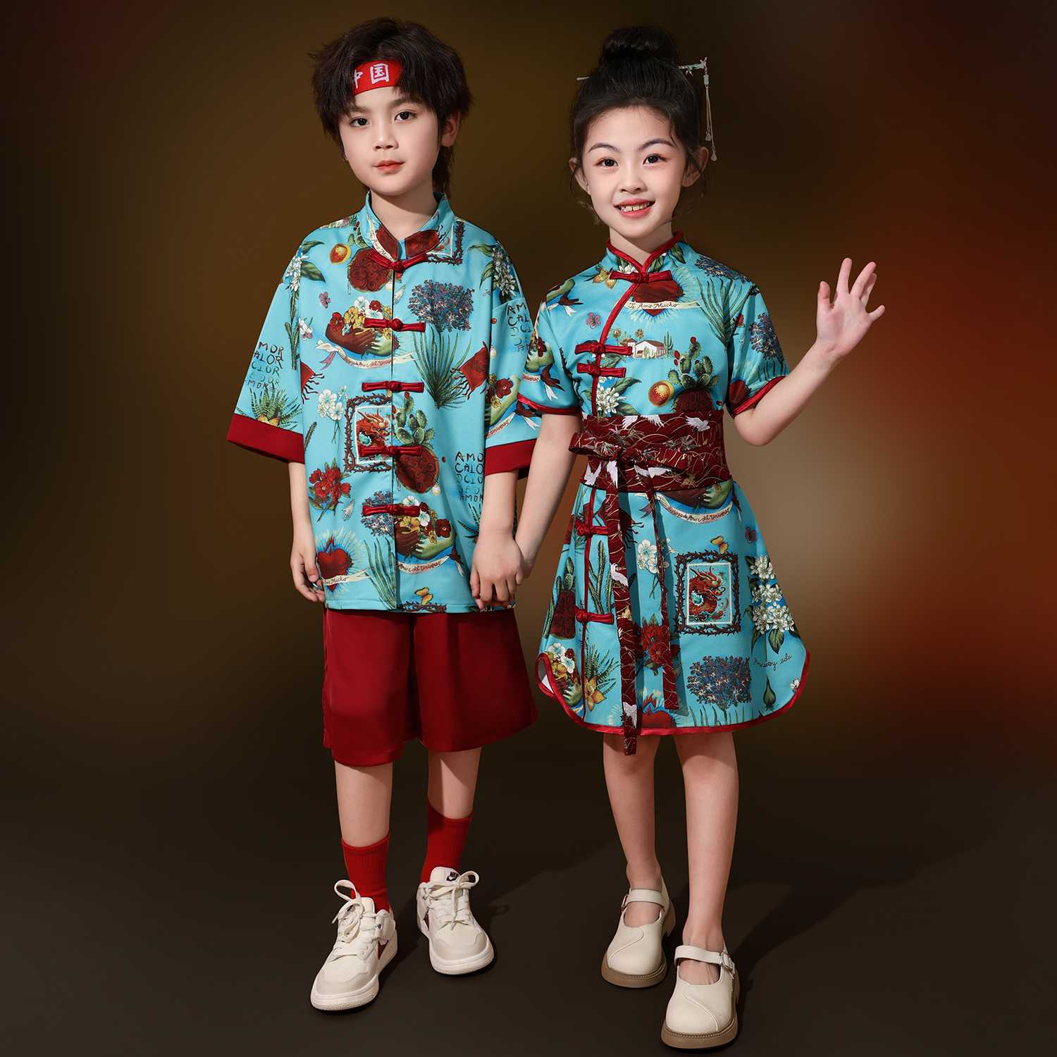 儿童演出服中国风女童汉服旗袍男童中式唐装舞台走秀儿童表演服装
