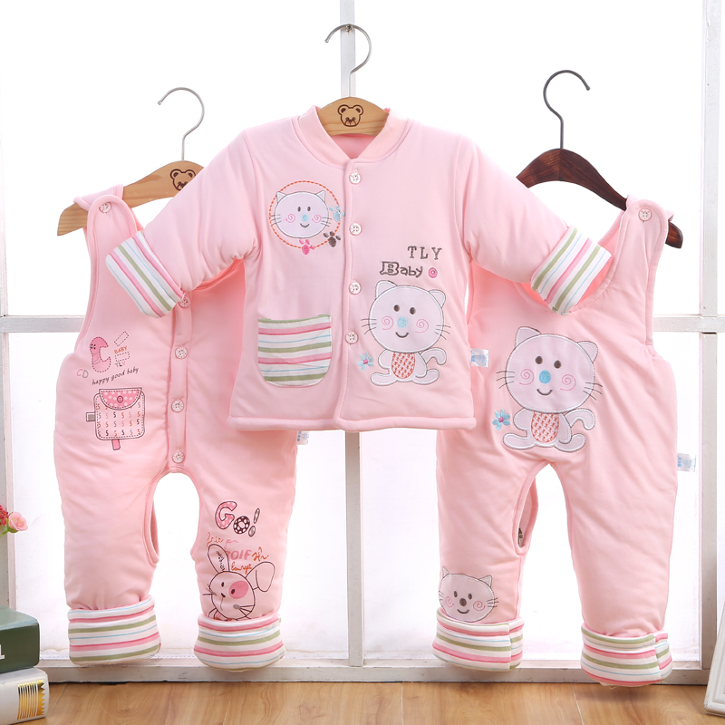 秋冬婴儿棉衣套装加厚0-1岁男女宝宝冬装新生儿棉袄背带裤三件套