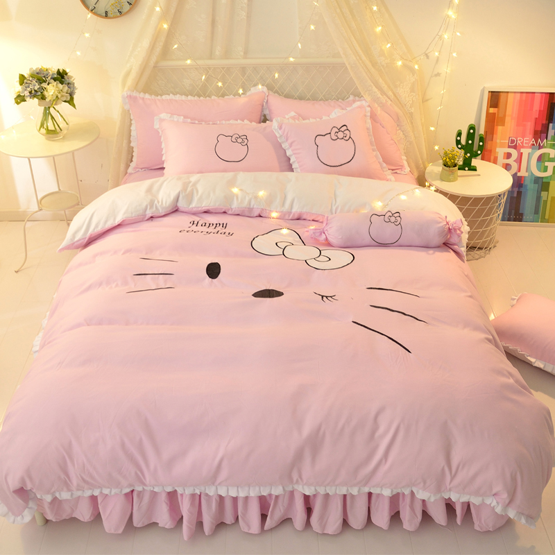 全棉卡通粉色可爱猫咪床裙式四件套纯棉公主风学生宿舍儿童床上用