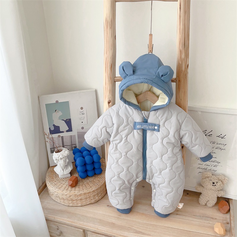 定制婴儿冬装棉服加绒加厚连体衣韩式超萌男宝宝冬季外套保暖外出