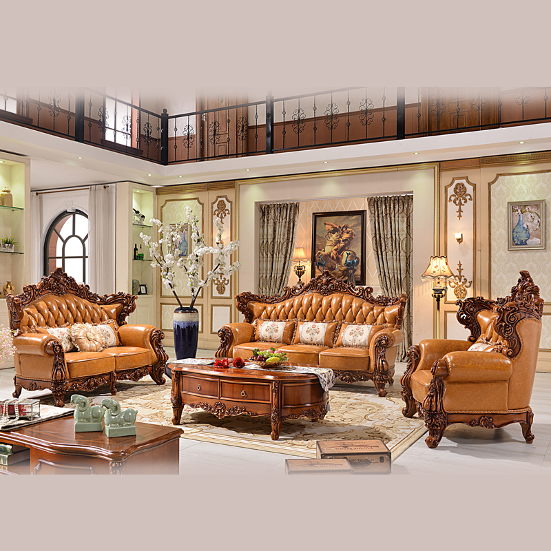 欧式真皮沙发 美式奢华实木雕花住宅家具别墅客厅123组合皮艺沙发