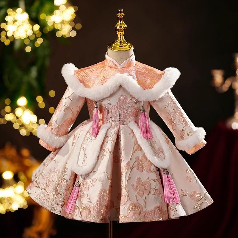 周岁宴礼服拜年服女童粉色中国风唐装旗袍公主裙加厚古装冬季汉服