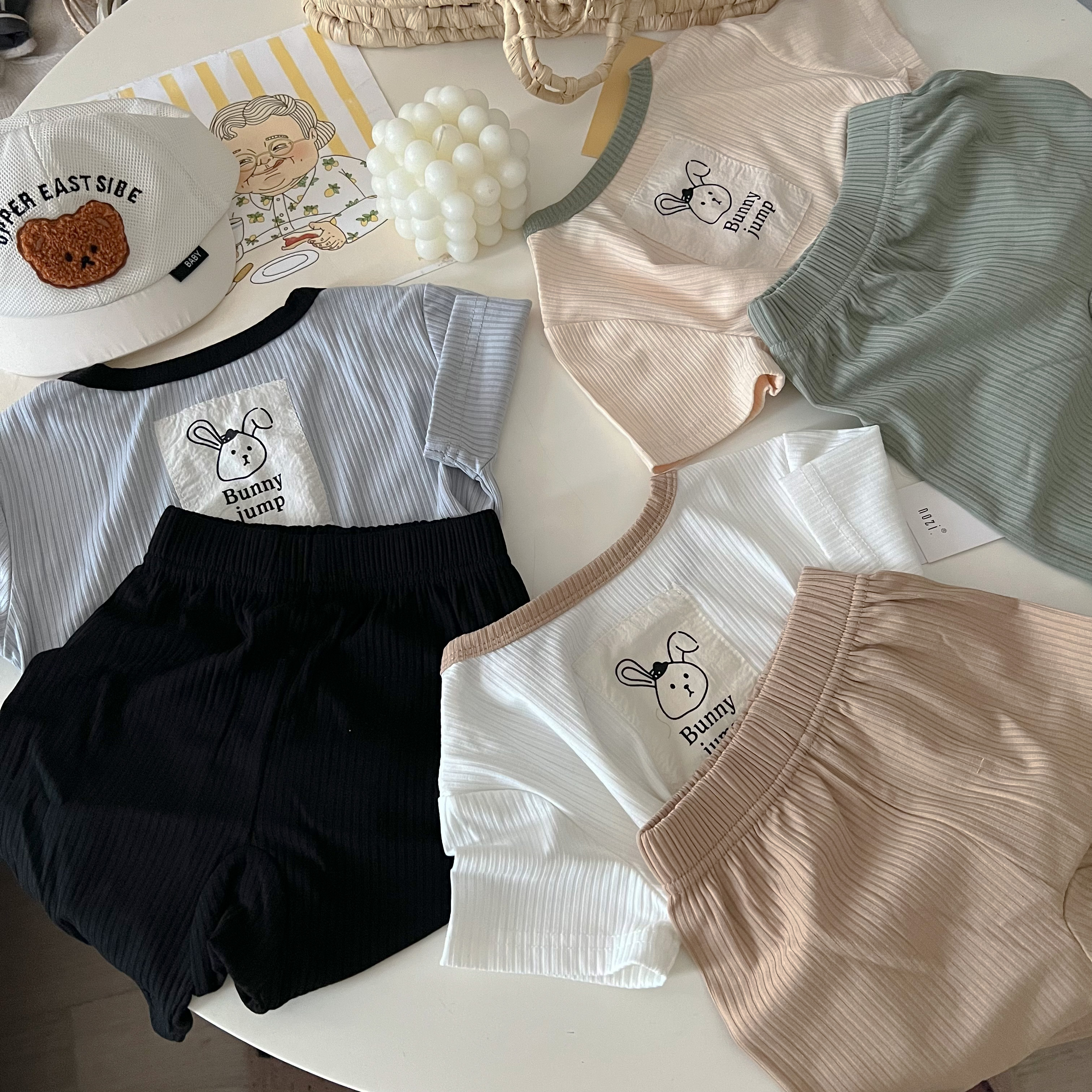 ins夏季款韩版婴儿卡通兔子贴布套装男女宝宝薄款空调服短袖裤子
