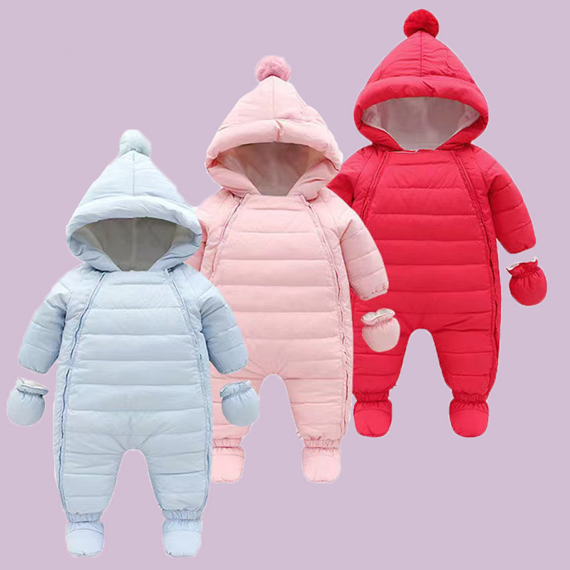 婴儿羽绒服婴幼儿连体加绒保暖外出棉服包脚男女宝宝外穿一岁外套