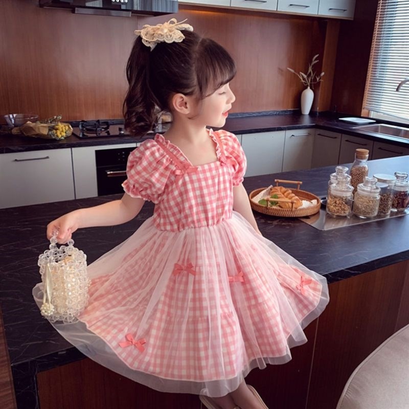 女童洋装2023新款儿童韩版洋派格纹网纱小女孩裙子泡泡袖公主裙