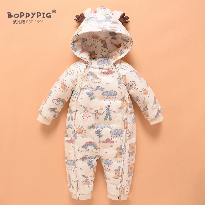 波比猪宝宝羽绒服儿童爬服哈衣冬季女外出男轻0-6月1岁婴儿连体衣