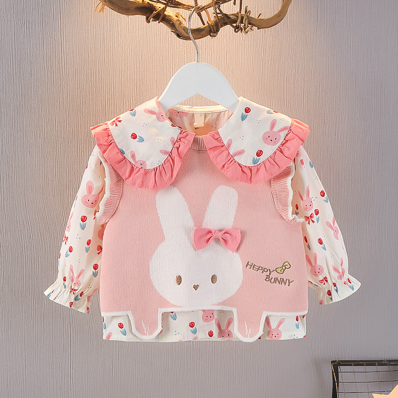 女童衬衫长袖两件套装儿童衬衣韩版婴儿衣服卡通可爱马甲宝宝秋装