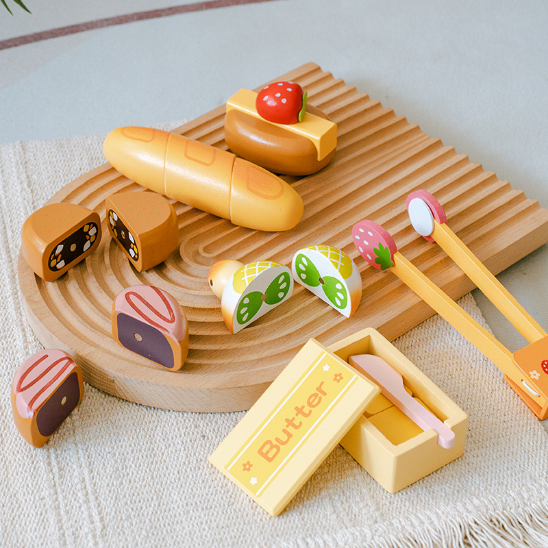 儿童过家家厨房配件木制面包水果沙拉套餐玩具宝宝可爱糕点切切乐