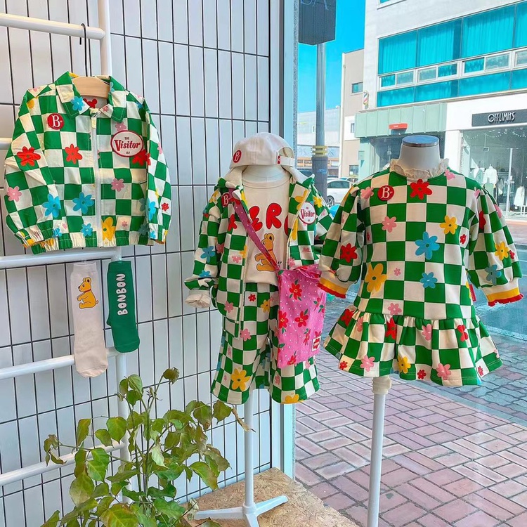 韩国童装ins风棋盘格绿色格子婴儿宝宝男女童外套裙子裤子套装