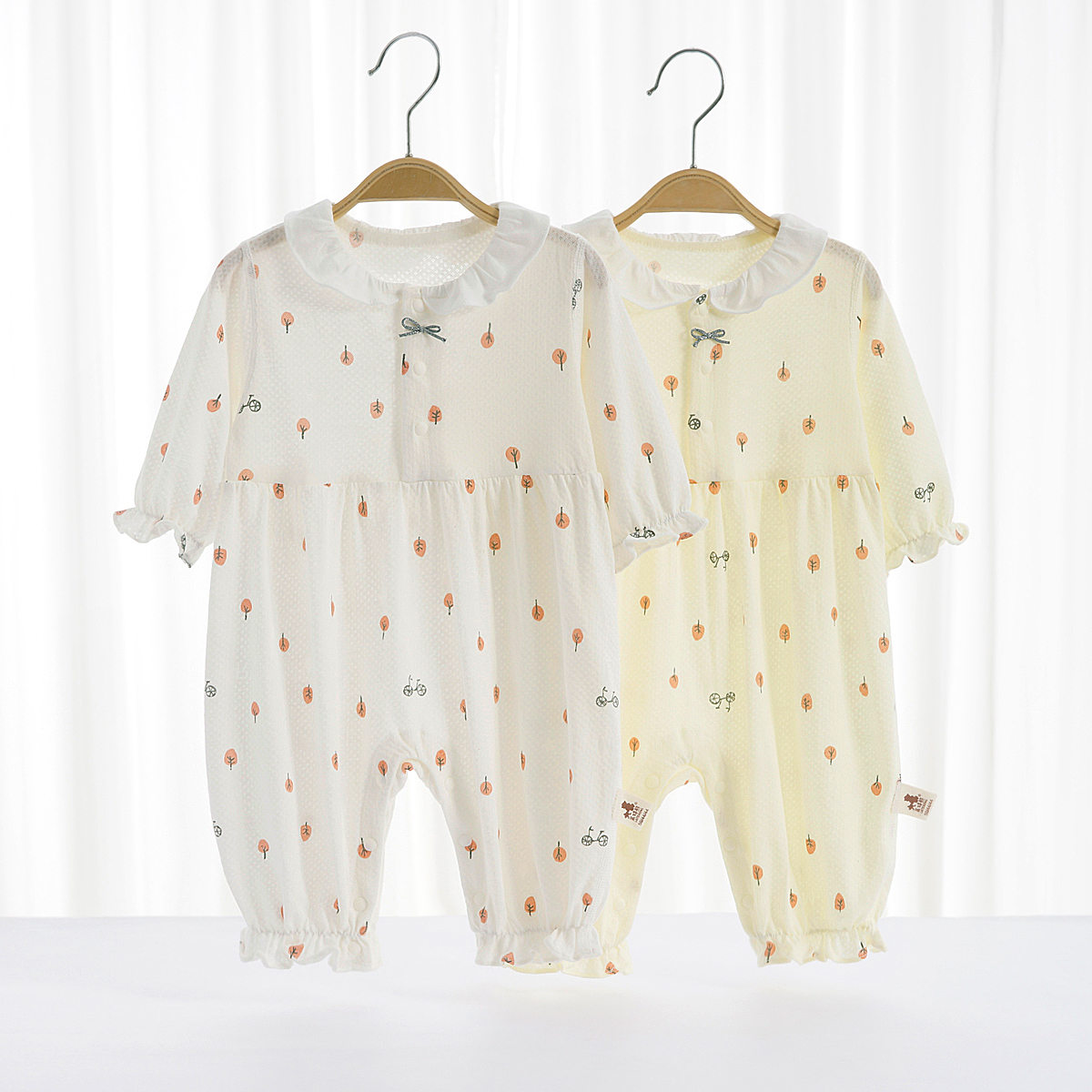 0-1岁女宝宝夏季薄款花边哈衣长袖空调服透气睡衣婴儿休闲连体衣
