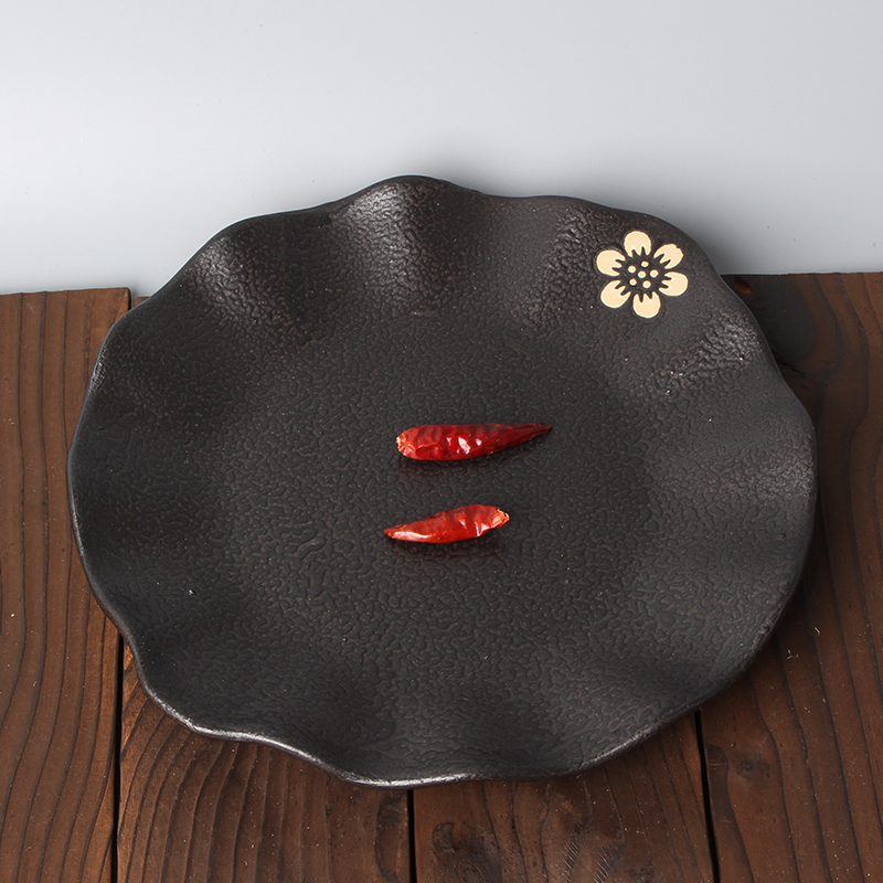海之陶荷叶 汤盘菜盘异形创意家用水果盘餐具不规则 黑色土陶盘子