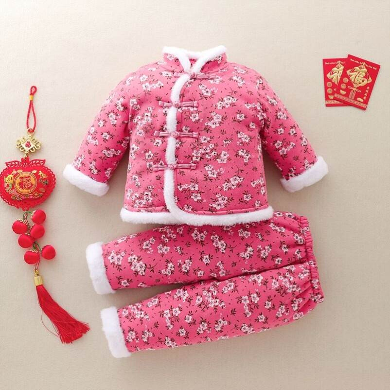 。东北大棉袄儿童网红套装女宝宝碎花袄冬装婴儿冬季加绒加棉冬衣