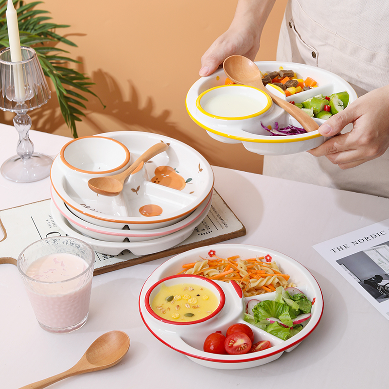北欧减脂分格盘创意早餐盘儿童分餐盘一人食餐具月子盘陶瓷三格盘