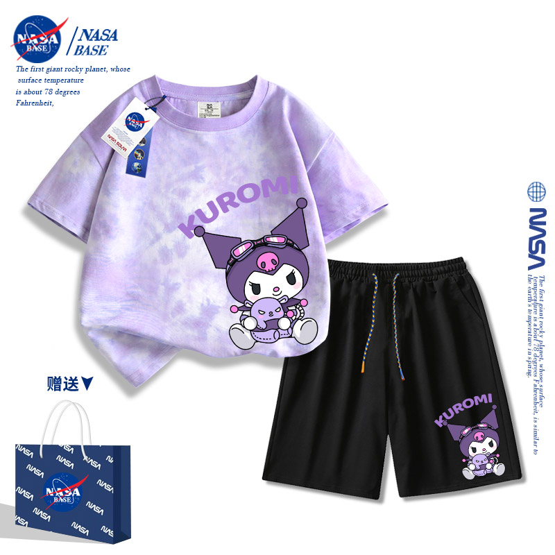 NASA女童夏装套装2024新款夏季中大童女孩扎染纯棉短袖薄款运动装