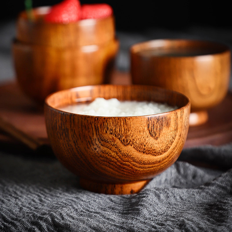 日式实木碗成人儿童宝宝碗手工整木雕刻餐具复古加厚喝酒汤饭碗
