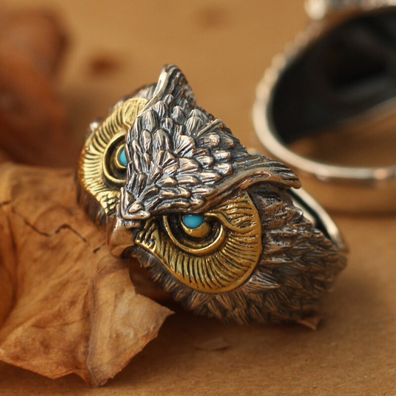 猫头鹰戒指纯银饰品男士女士都可以戴镶嵌复古个性开口民族风指环