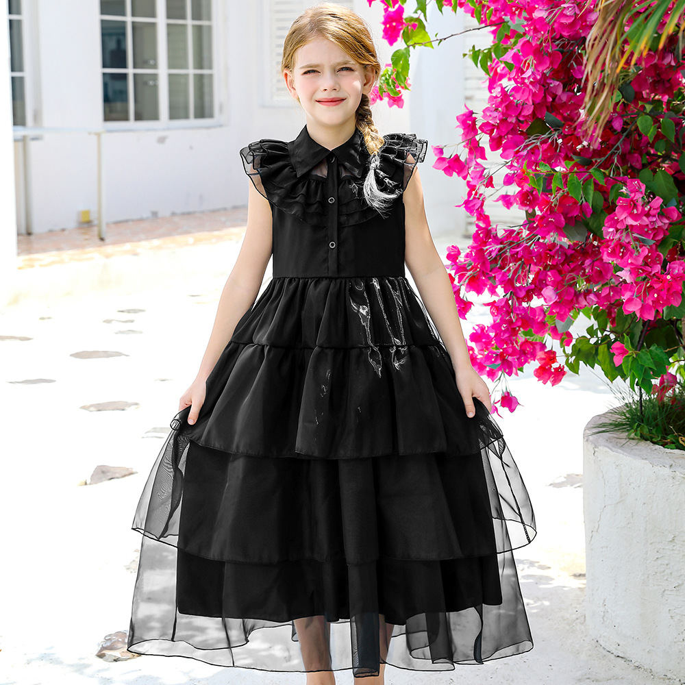 儿童装星期三黑色连衣裙cosplay服装万圣节亚当斯一家女童公主裙