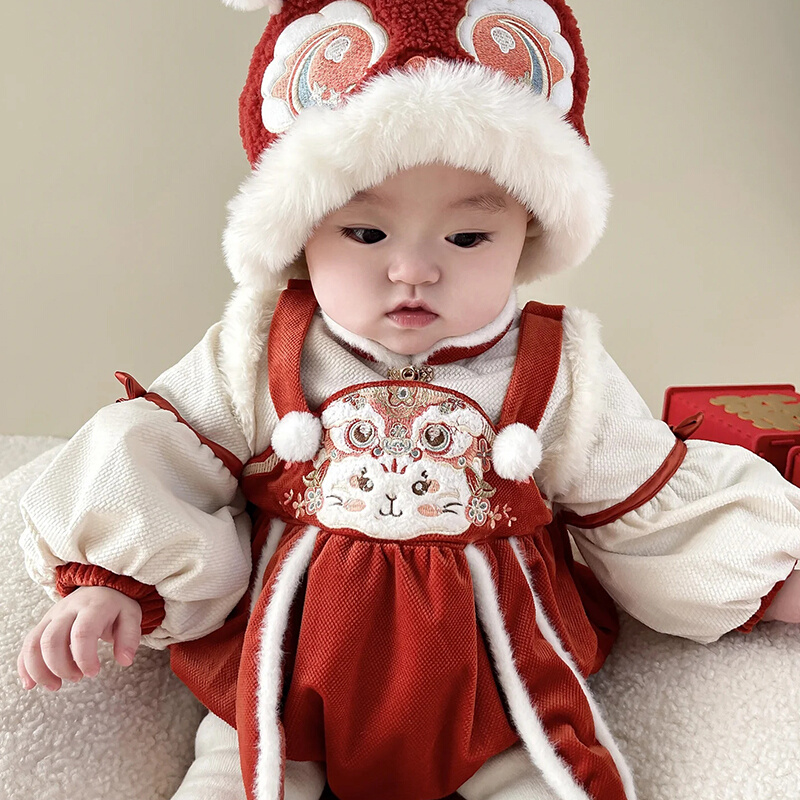 女宝过年衣服满周岁礼服冬国风洋气婴儿连体衣满月喜庆红色拜年服