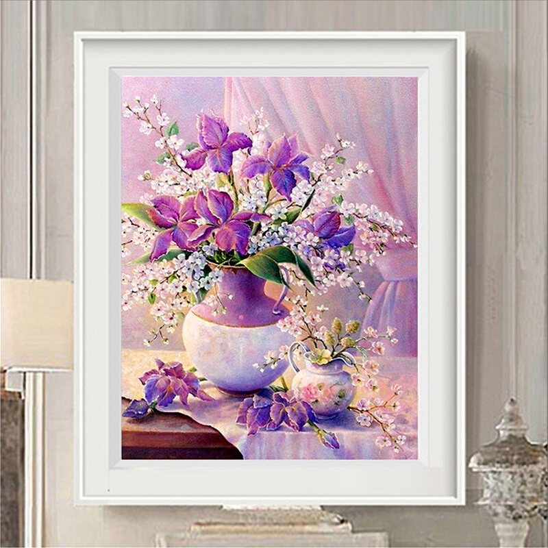 纯手工十字绣棉布成品百合花瓶卧室欧式紫色优雅紫玫瑰风景装饰画
