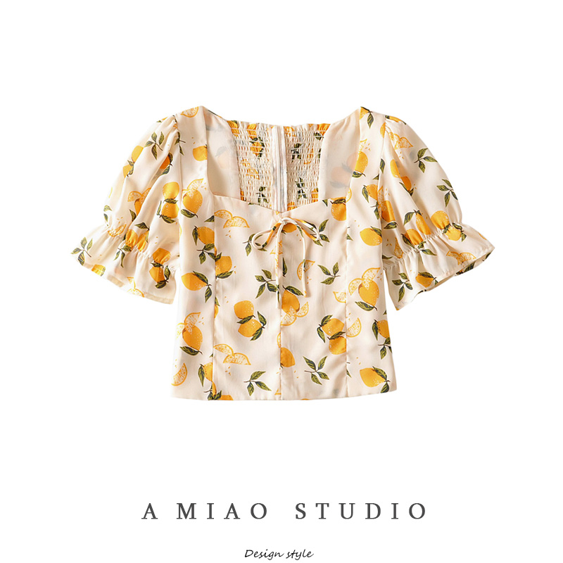 A MIAO STUDIO法式复古方领低胸露锁骨柠檬印花衬衫泡泡袖短上衣