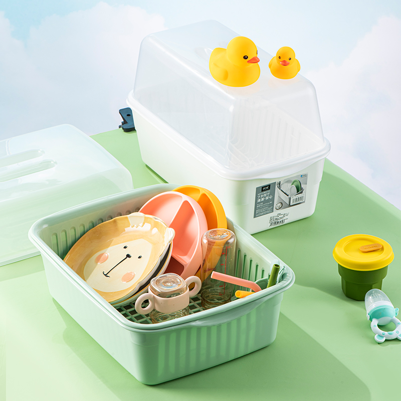 asve l进口抗菌收纳箱婴儿奶瓶沥水架辅食晾干防尘宝宝餐具收纳盒