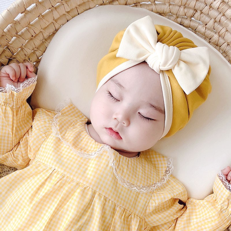 日本婴儿帽子春秋婴幼儿可爱蝴蝶结公主女宝宝护囟门棉胎帽春夏季