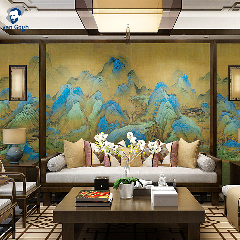 新中式复古卧室墙布千里江山图壁纸客厅电视背景墙纸餐厅典雅壁画
