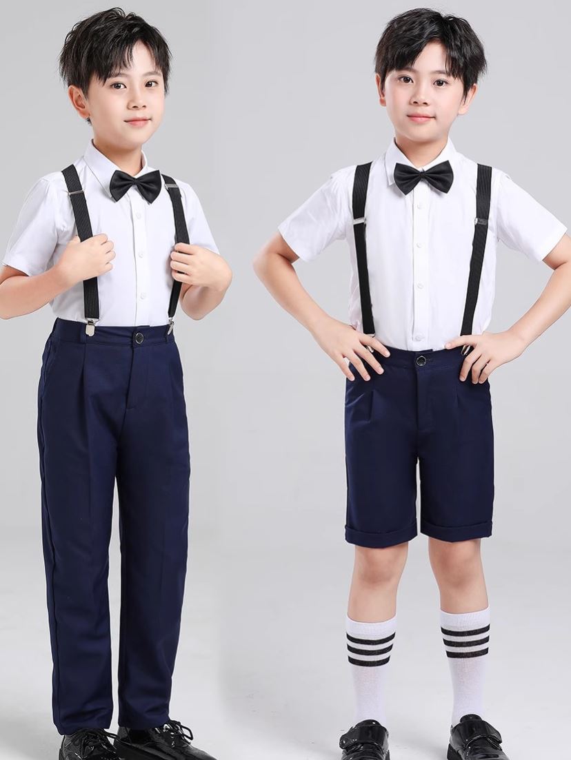 儿童礼服男童主持人朗诵合唱钢琴演出服白衬衫黑背带裤子套装西装