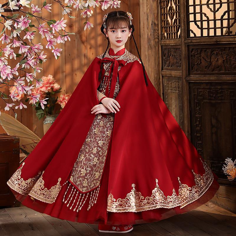女童汉服秋冬中国风红色旗袍唐装中式喜服女孩古装儿童超仙连衣裙