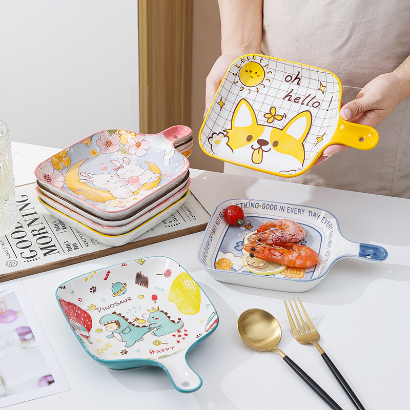 创意烤盘陶瓷手柄盘微波炉烤箱专用网红家用儿童餐具单柄盘菜盘子