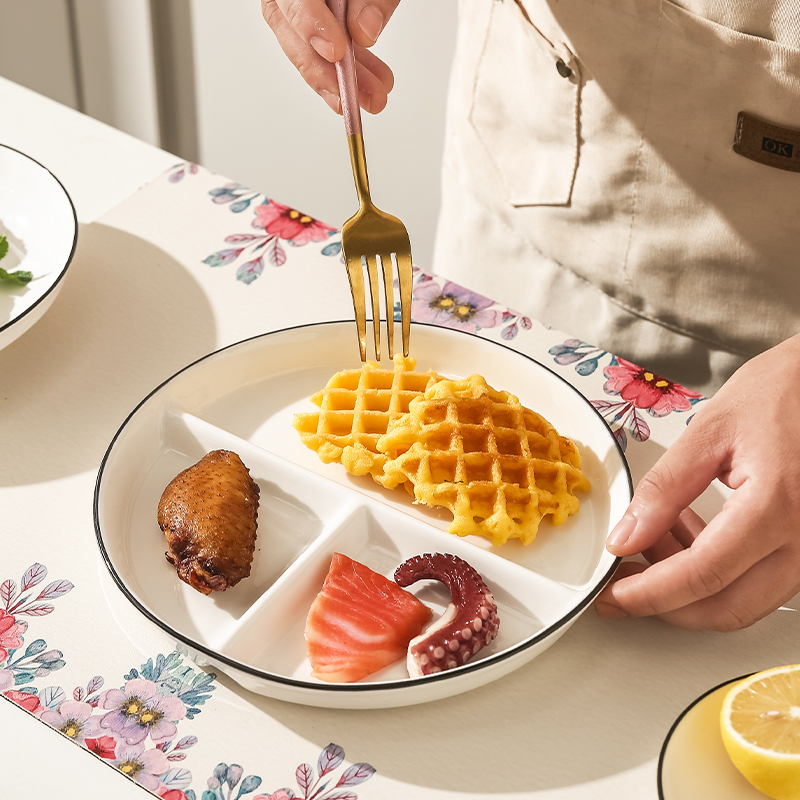 分格减脂餐盘家用早餐餐具儿童陶瓷减肥定量盘子三格211分餐大人