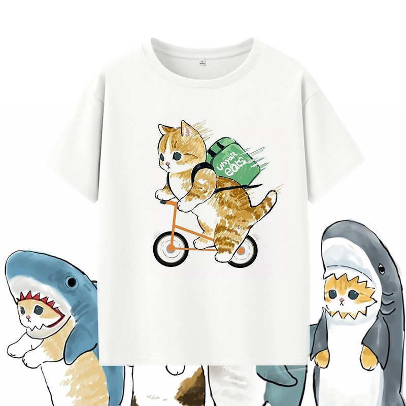 可爱猫咪图案短袖t恤男女亲子童装卡通宽松夏季衣服体恤衫小码潮