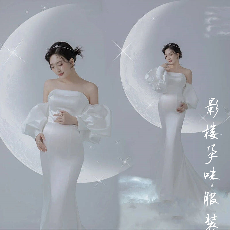 高货速发孕妇拍照影楼主题服装展会新款白色高级拖尾礼服孕妇照片