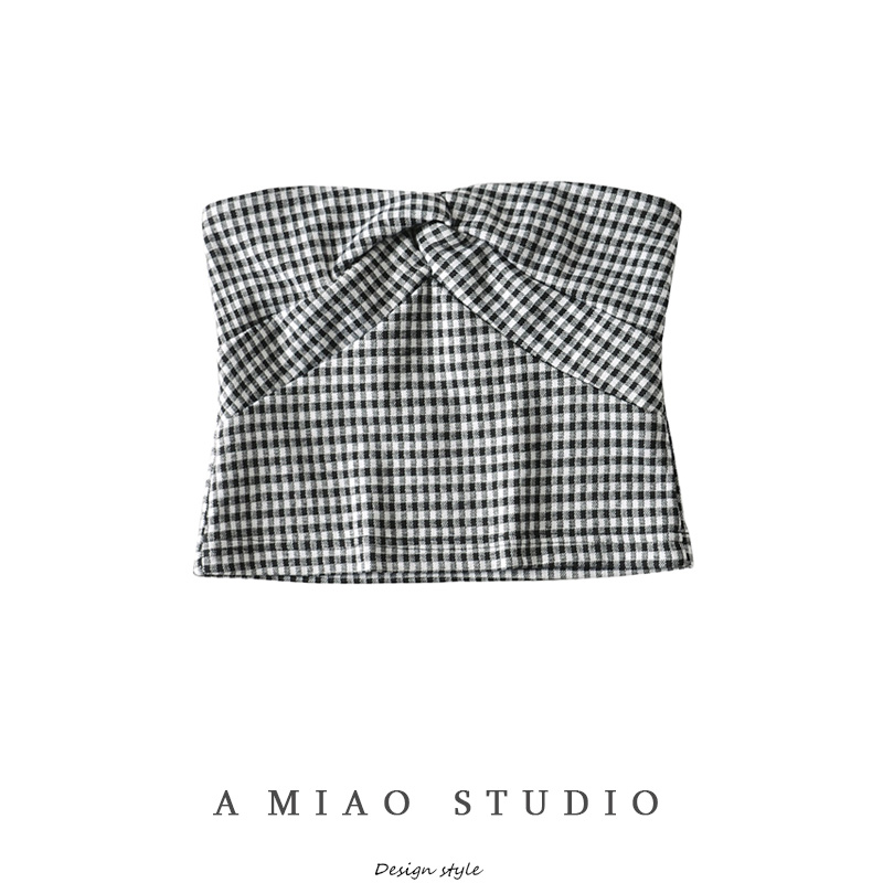 A MIAO STUDIO法式复古小众设计胸口打结格纹弹力修身抹胸背心女