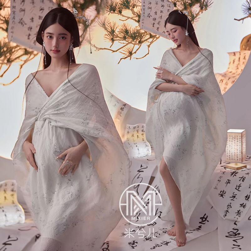 2286影楼孕妇拍照摄影写真服装新中式国潮围裹式竹子连衣裙出租赁