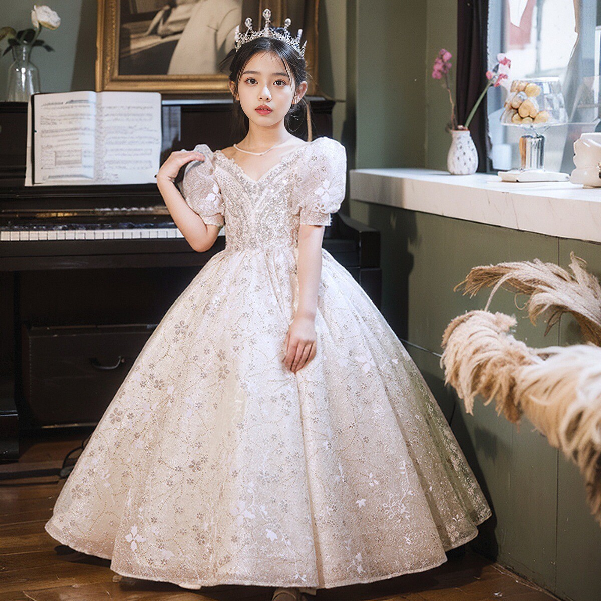 2024新款女童浅香槟公主裙高端重工钢琴生日提琴主持蓬蓬裙长裙