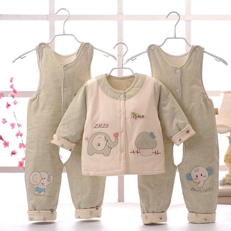 3件套男女宝宝春秋装有机套装薄棉衣婴儿彩棉夹棉背带裤0-1岁