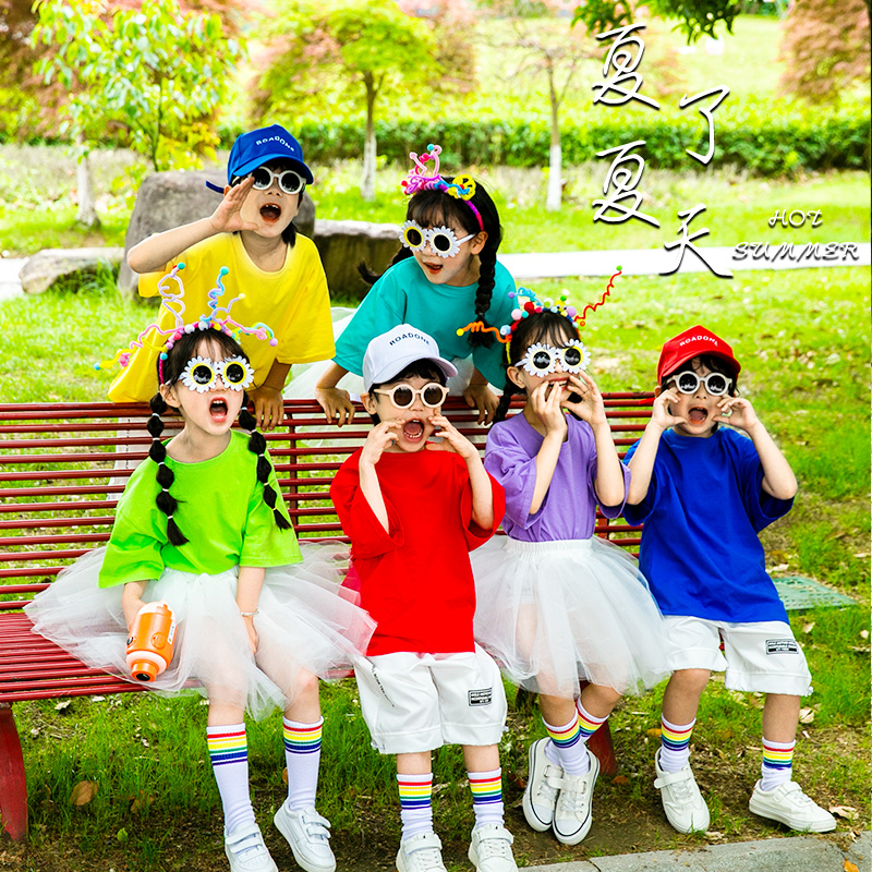 六一儿童啦啦队演出服幼儿园毕业照服装小学生糖果色合唱表演班服