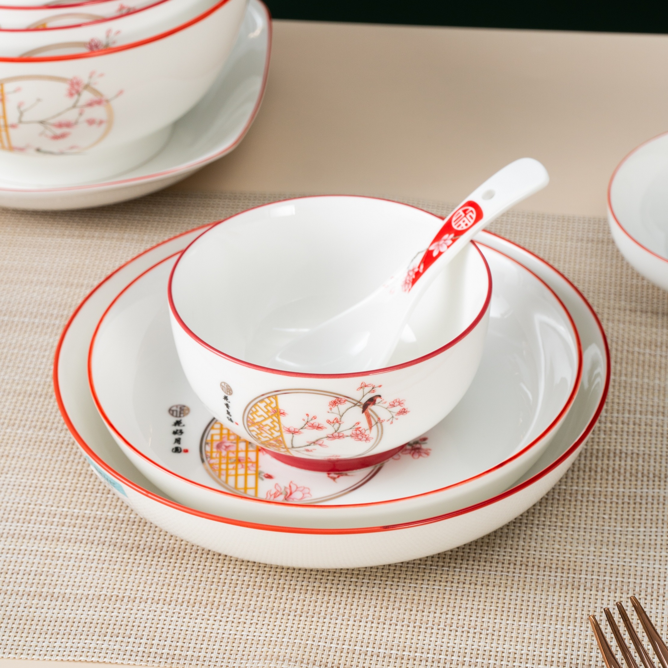 中式泡沫装陶瓷碗花好月圆喜庆儿童饭碗大吉大利平安喜乐餐具碗勺
