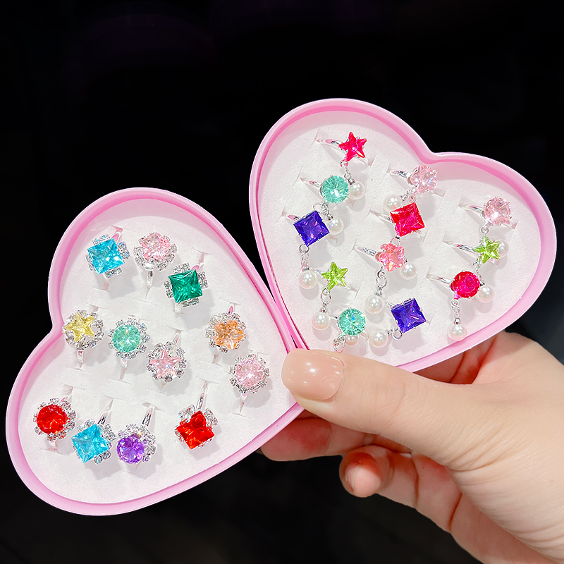 儿童戒指女童宝石珍珠首饰盒宝宝塑料镶钻指环配饰小女孩水晶饰品