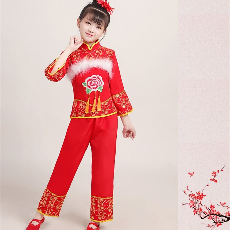 儿童喜庆演出舞j蹈服装男女童套装中国风幼儿秧歌服唐装舞台表演