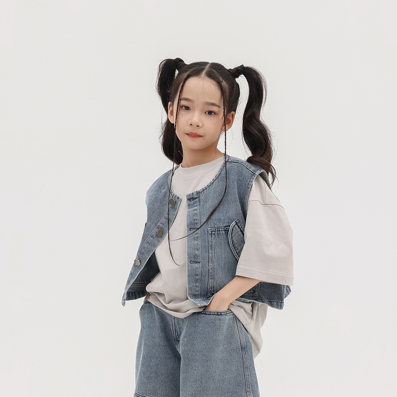 Pawpaw Liu原创设计女童牛仔马甲夏装新品2023男童背心坎肩外套潮