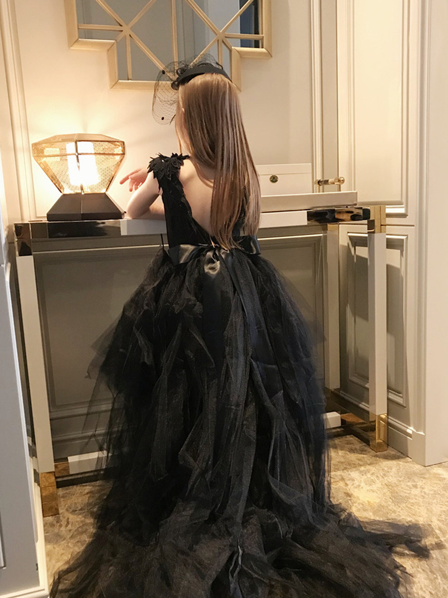 新品儿童礼服女童黑色露背燕尾晚礼服法式钢琴公主裙高端裙送小礼