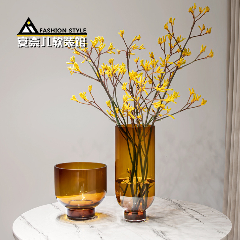 琥珀色圆直筒玻璃花瓶高级感透明水养插花器现代家居客厅软装摆