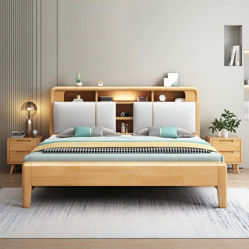 北欧实木床现代简约小户型1.2m单床1.8米双人软靠储物主卧室大床