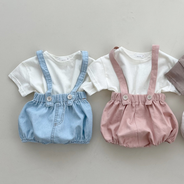 现货韩国进口婴儿可爱背带裤套装宝宝夏季短袖T恤包屁短裤两件套