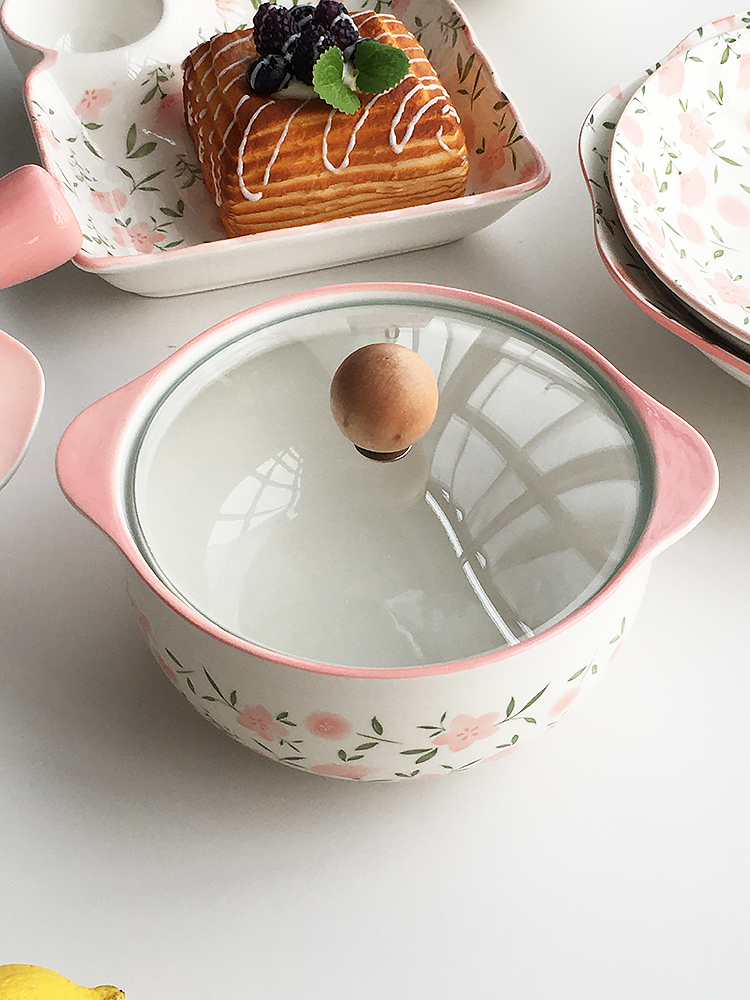 Annie Garden  日式田园风小清新粉色花朵高温釉彩陶瓷家用汤盘碗