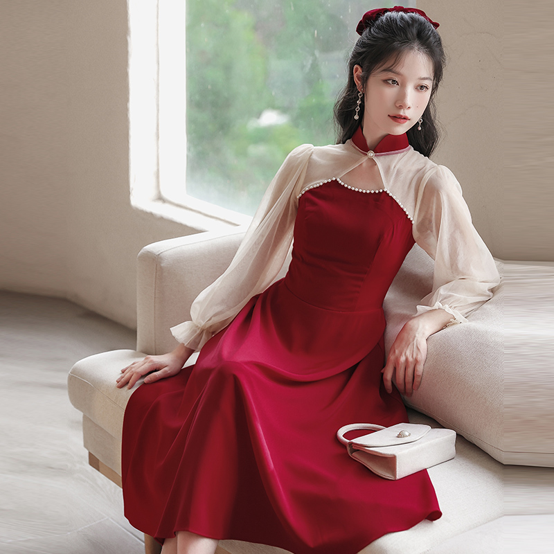 气质红色旗袍式满月宴会礼服连衣裙2022产后哺衣秋冬高级感喂奶衣