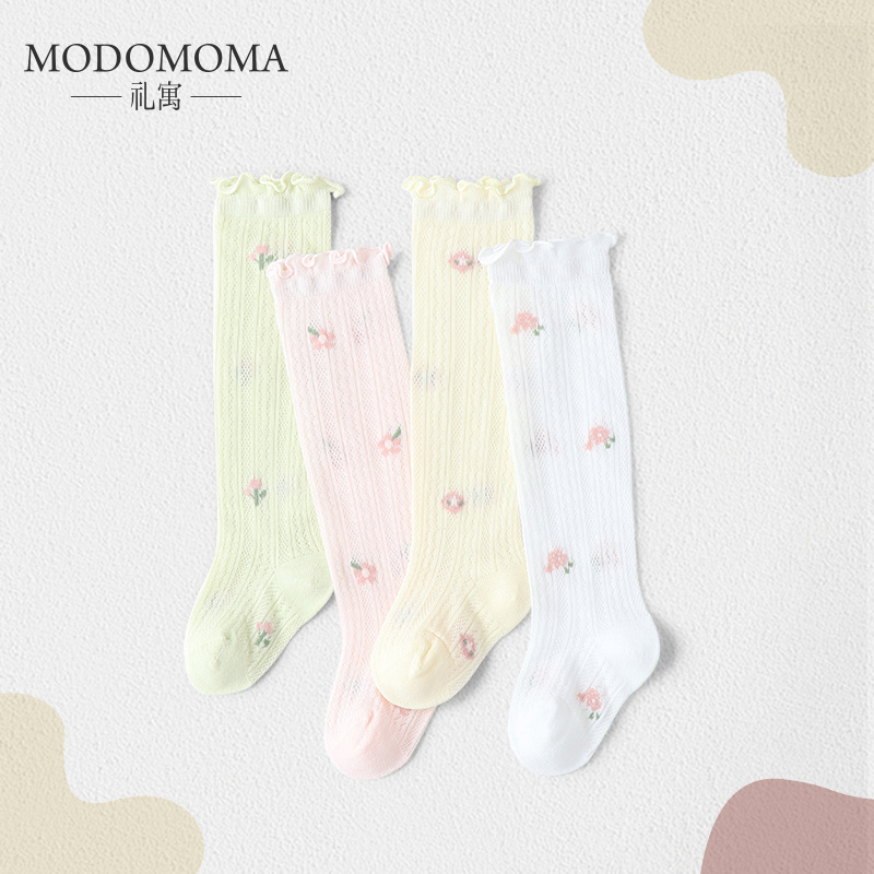 婴儿袜子夏季宝宝弹力长筒袜女童蕾丝花边防蚊袜碎花透气儿童袜子